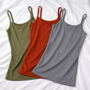 Women's Ribbed Tank L/XL Tops Bundle Olive, Rust & Gray Classic Spaghetti Strap
